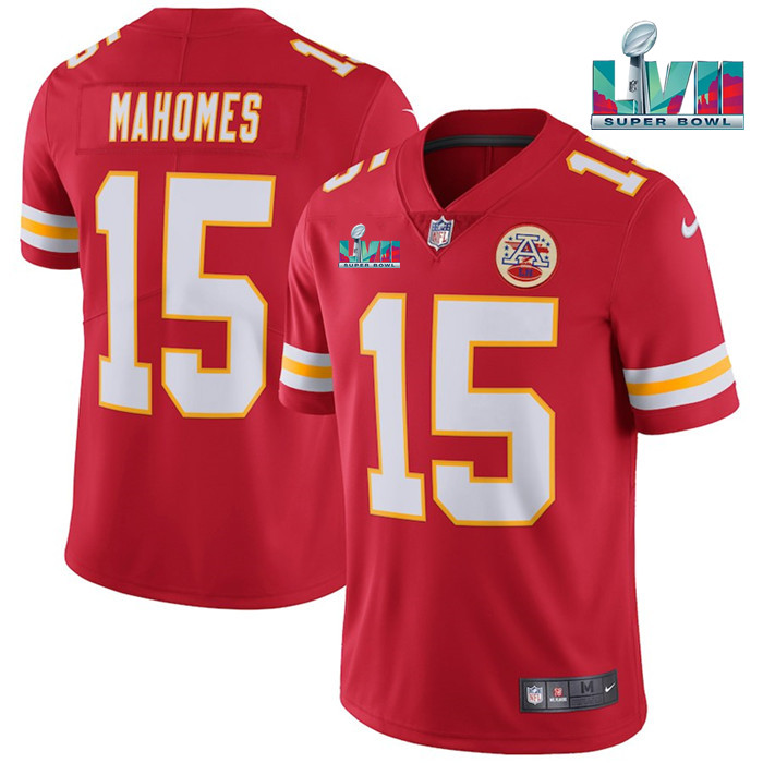 Men??s Kansas City Chiefs #15 Patrick Mahomes Red Super Bowl LVII Patch Vapor Untouchable Limited Stitched Jersey